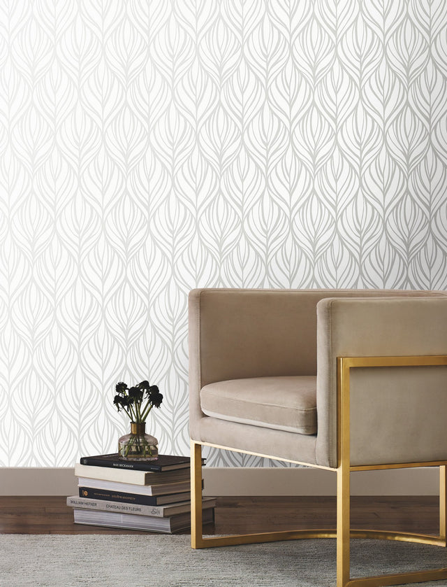 Palma White & Silver Wallpaper with Botanical Woodblock Leaf Motif - York DT5084