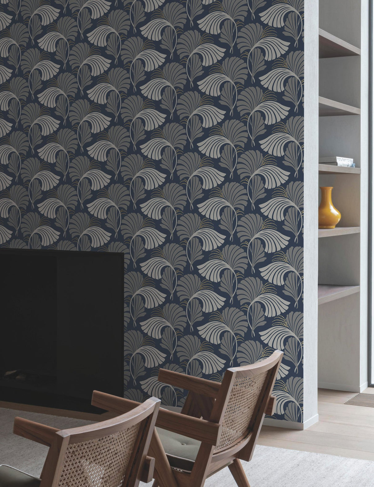 Dancing Leaves Navy Non Woven Wallpaper with Botanical Leaf Motif - York DT5133