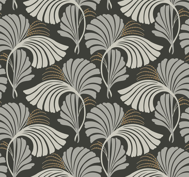 Dancing Leaves Black Botanical Non Woven Wallpaper with Metallic Accents - York DT5134