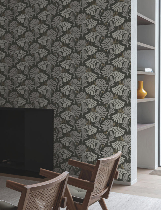 Dancing Leaves Black Botanical Non Woven Wallpaper with Metallic Accents - York DT5134