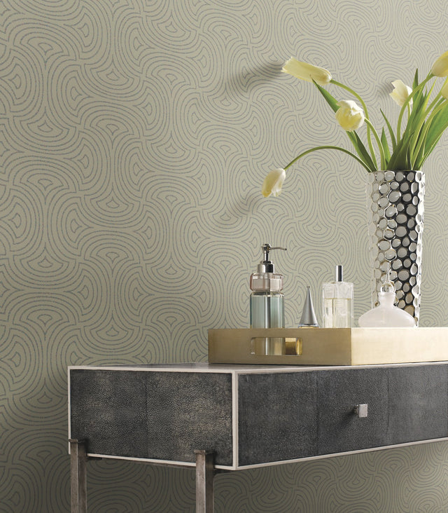 Hourglass Tan Wallpaper with Geometric Glass Bead Fan Motif - York DT5141