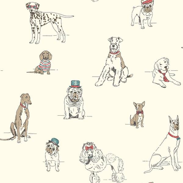 Dog's Life Red & Blue wallpaper AF1939 showing whimsical illustrated dogs wearing hats and bow ties on a light background.