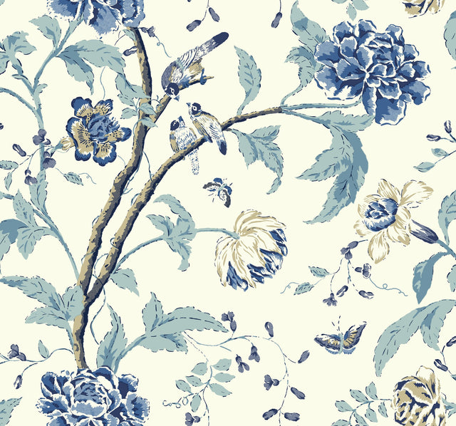 Teahouse Floral Green Wallpaper with Asian Birds & Peony Motif - York EB2076