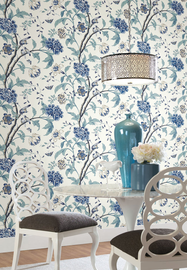 Teahouse Floral Green Wallpaper with Asian Birds & Peony Motif - York EB2076