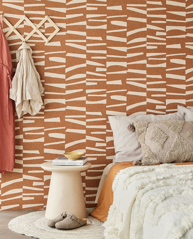 Ode Rust Staggered Stripes Wallpaper with Modern Geometric Graphic Motif - Eijffinger EJ318026