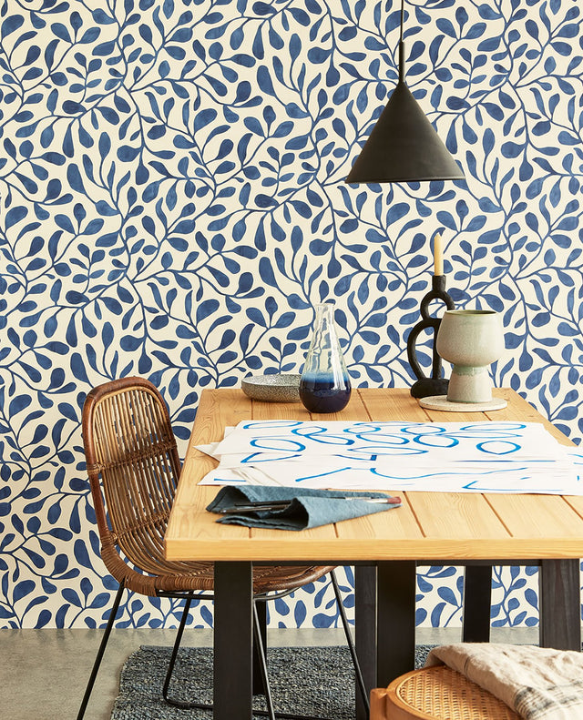 Fiona Dark Blue Leafy Vines Wallpaper with Botanical Farmhouse Style - Eijffinger EJ318035