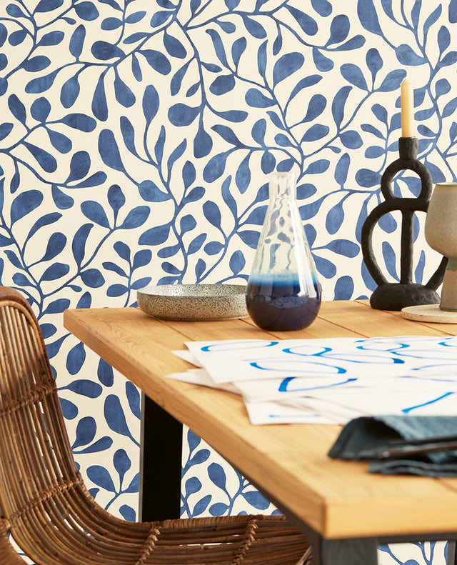 Fiona Dark Blue Leafy Vines Wallpaper with Botanical Farmhouse Style - Eijffinger EJ318035