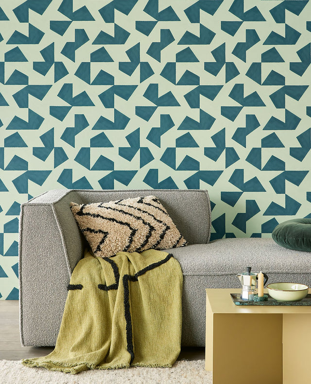 Azad Sea Green Abstract Geometric Wallpaper with Bohemian Graphic Motif - Eijffinger EJ318042