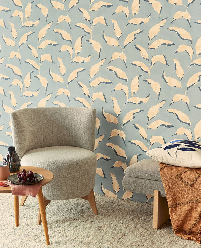 Callista Blue Leaves Wallpaper with Tropical Botanical Pattern - Eijffinger EJ318052