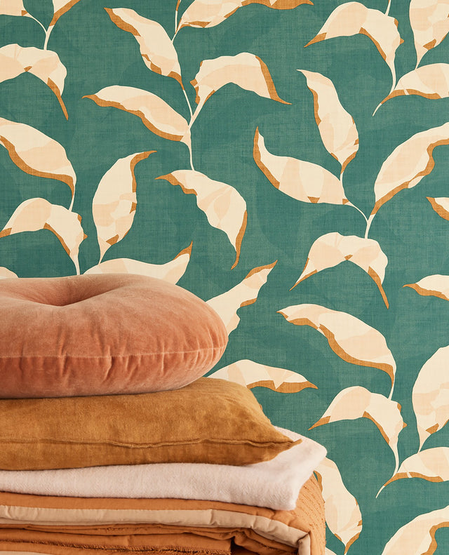 Callista Teal Leaves Wallpaper with Tropical Botanical Pattern - Eijffinger EJ318055
