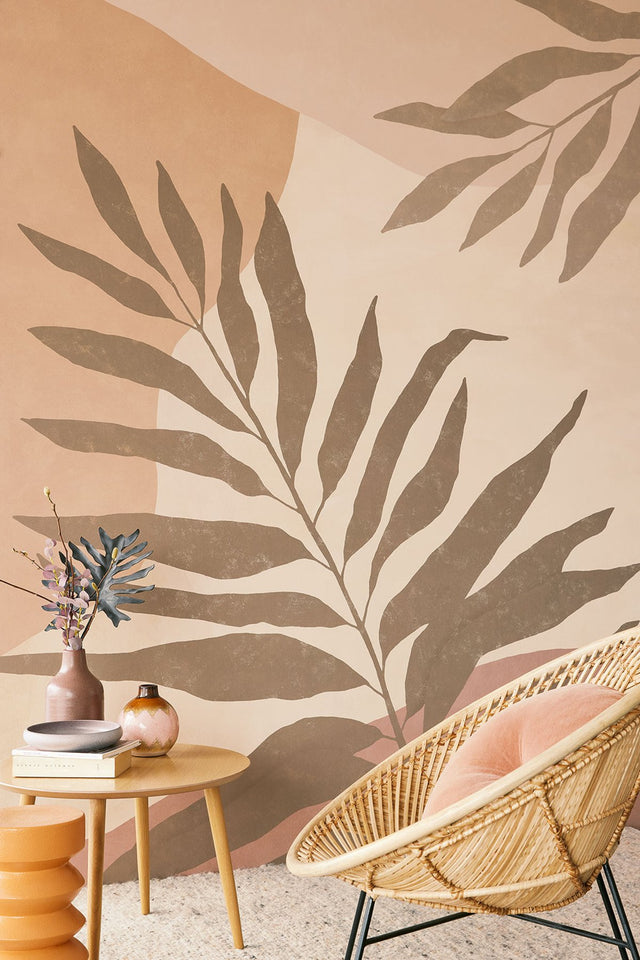 Terracotta Tropical Color Block Wall Mural with Leaves Motif - Eijffinger EJ318072