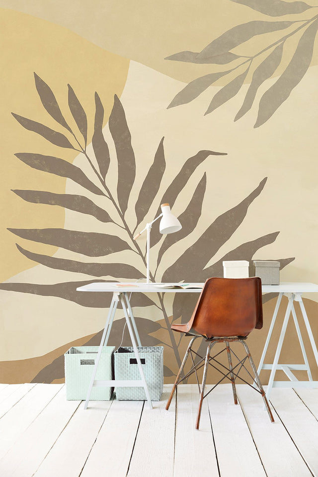 Golden Tropical Color Block Wall Mural in Golden with Nature Leaves Motif, Tropical Style - Eijffinger EJ318073