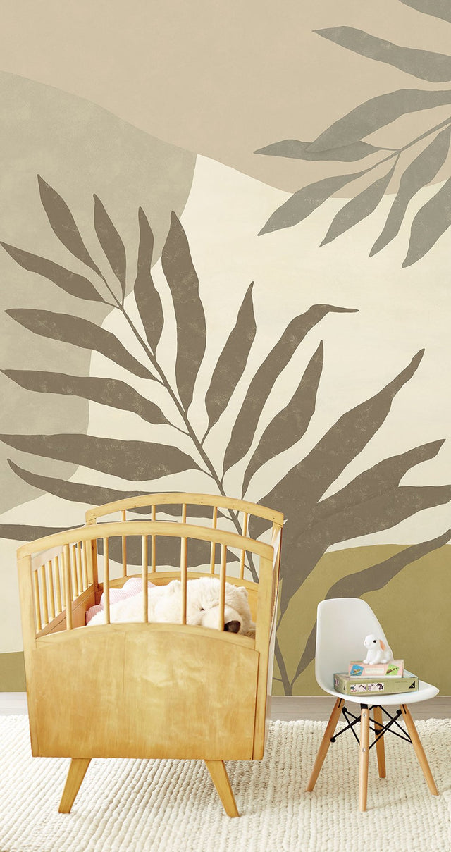 Tropical Color Block Neutral Wall Mural with Nature Leaf Motif - Eijffinger EJ318074