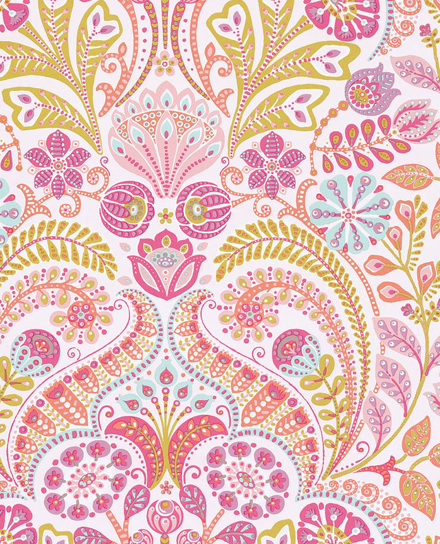 Emelie Pink Damask Wallpaper with Bohemian Global Pattern - EJ354001
