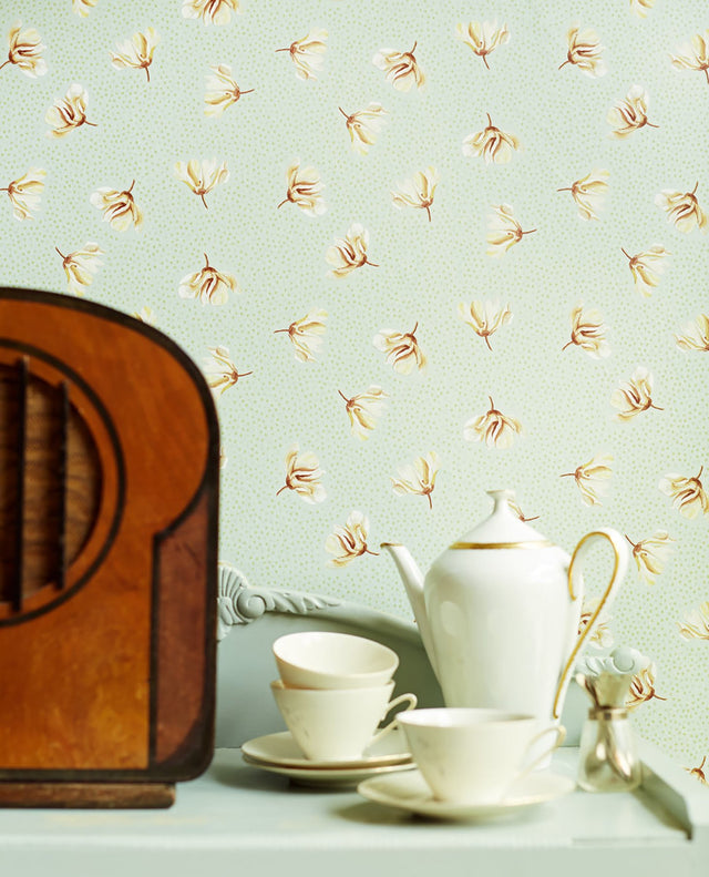 Mullein Green Floral Wallpaper with Metallic Botanical Flowers - Eijffinger EJ365073