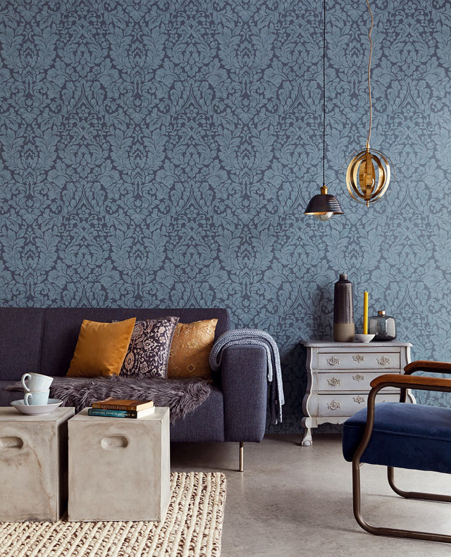 Arvid Blue Damask Wallpaper