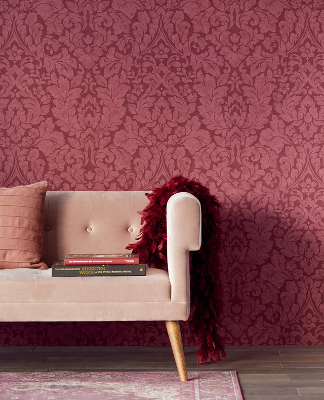 Arvid Maroon Damask Wallpaper with Traditional Botanical Motif - Eijffinger EJ382544