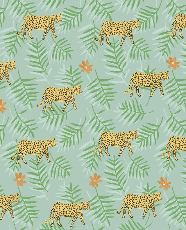 Exempel Green Cheetah Wallpaper with Tropical Animal and Palm Motif - Eijffinger EJ383551