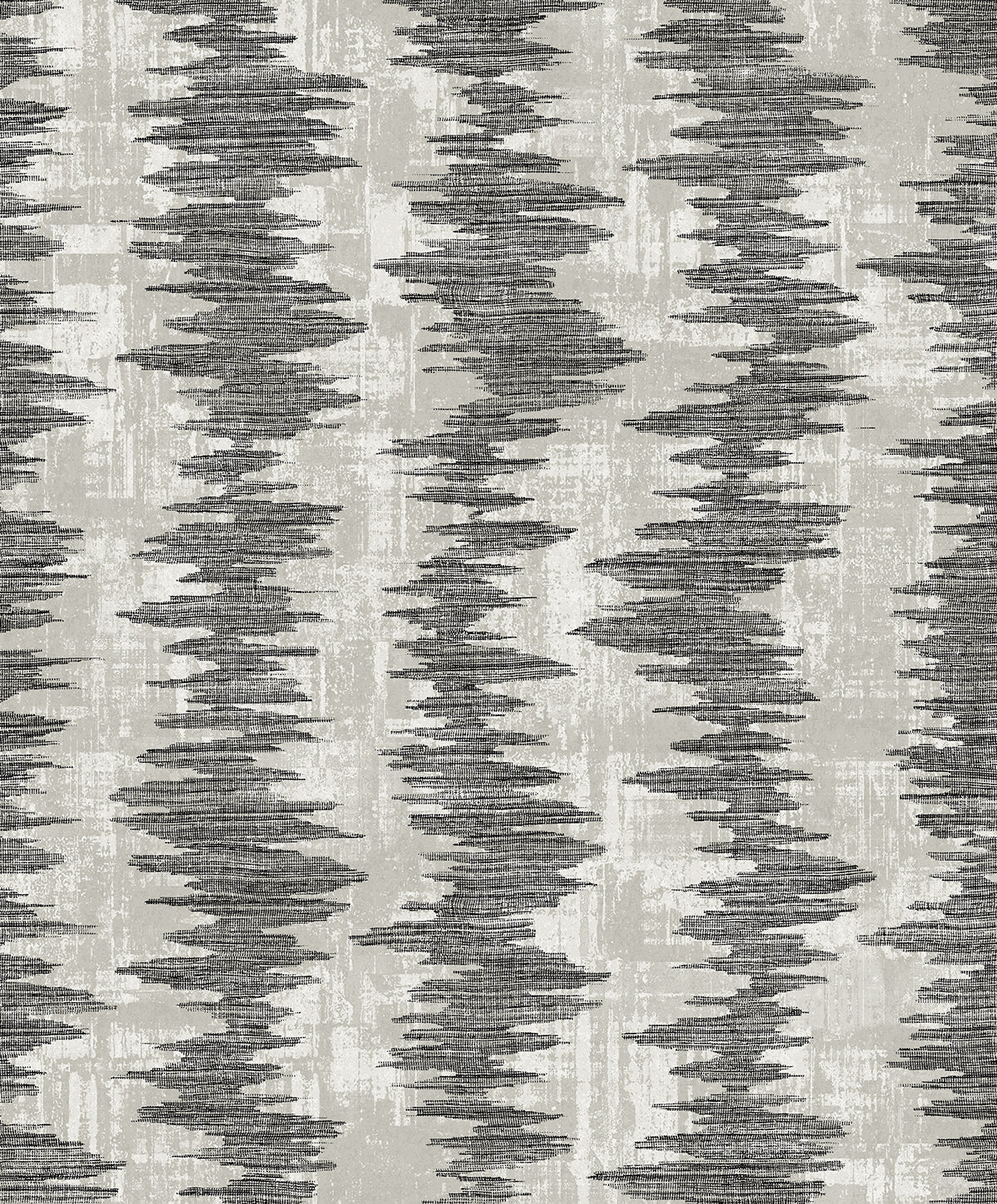 Noctara “Etch” metallic accent striped wallpaper pattern in black and warm neutral tones.