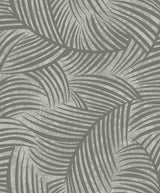 Zephyra Palms wallpaper in Cement gray with overlapping palm fronds and metallic accents.
