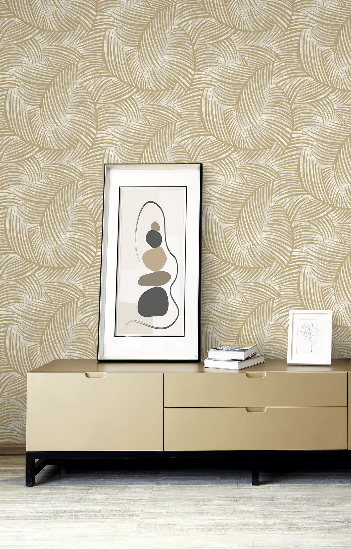 Zephyra Palms Toasted Almond by Neutral Elements Metallic Palm Leaf Wallpaper- Seabrook Designs EL20617