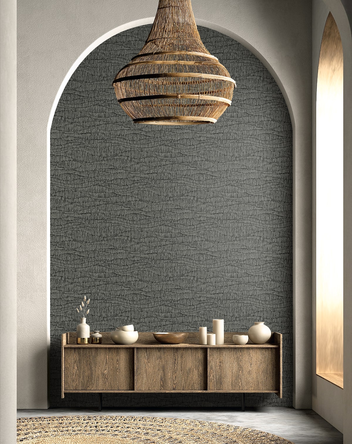 Tatiana Waves Charcoal by Neutral Elements Abstract Metallic Accent Wallpaper – Seabrook Designs EL20800