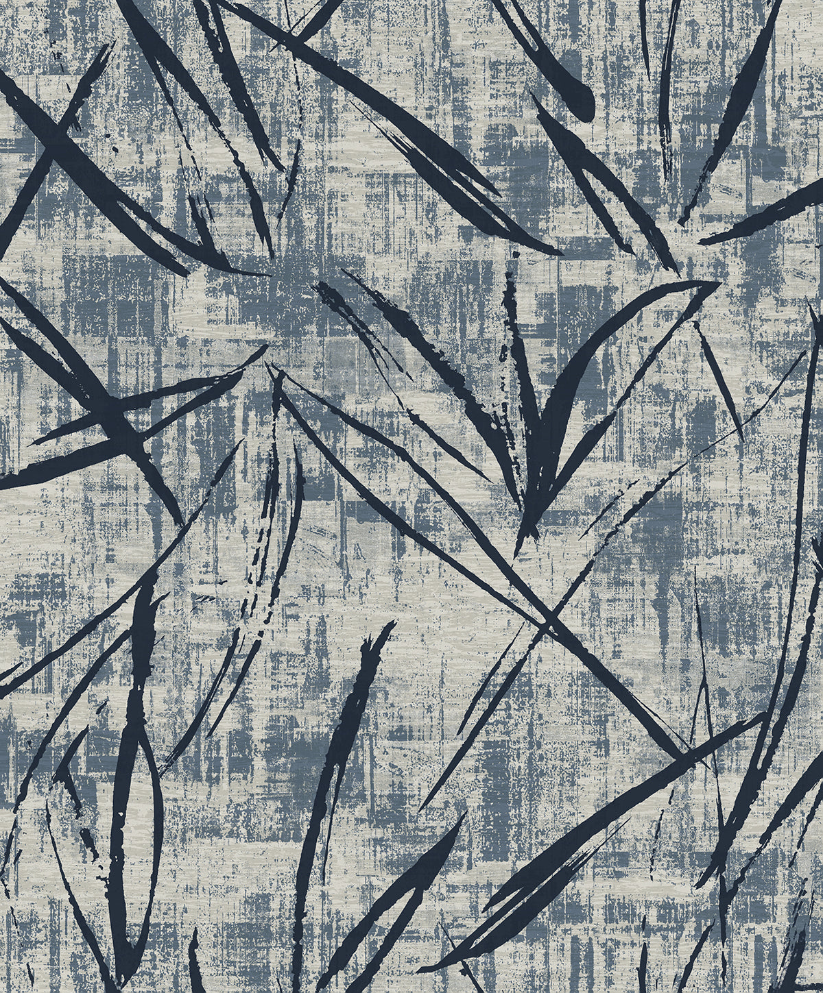 Aegean blue abstract wallpaper with layered textured blocks and bold navy brushstroke accents, finished with subtle metallic highlights.