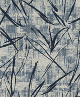 Aegean blue abstract wallpaper with layered textured blocks and bold navy brushstroke accents, finished with subtle metallic highlights.