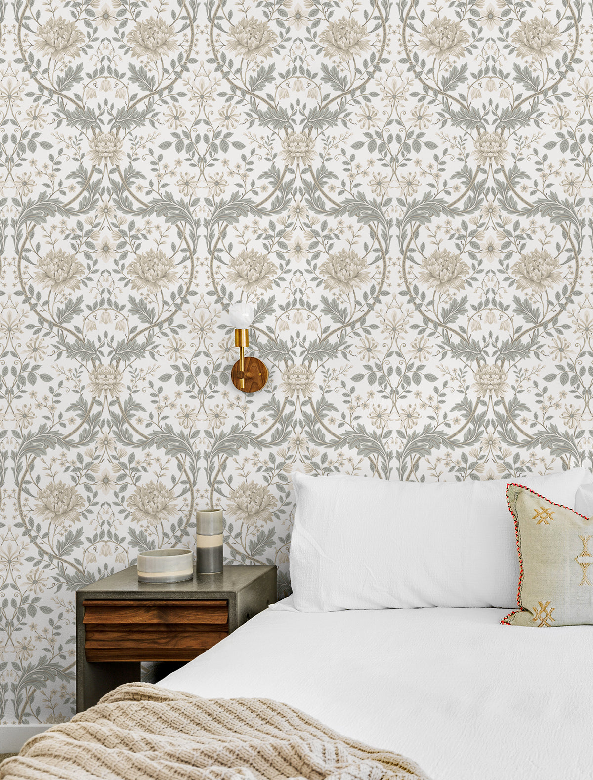 Honeysuckle Floral Ivory and Grey by Etten Prepasted Wallcoverings Vintage Floral Wallpaper – Etten Studios EP10000