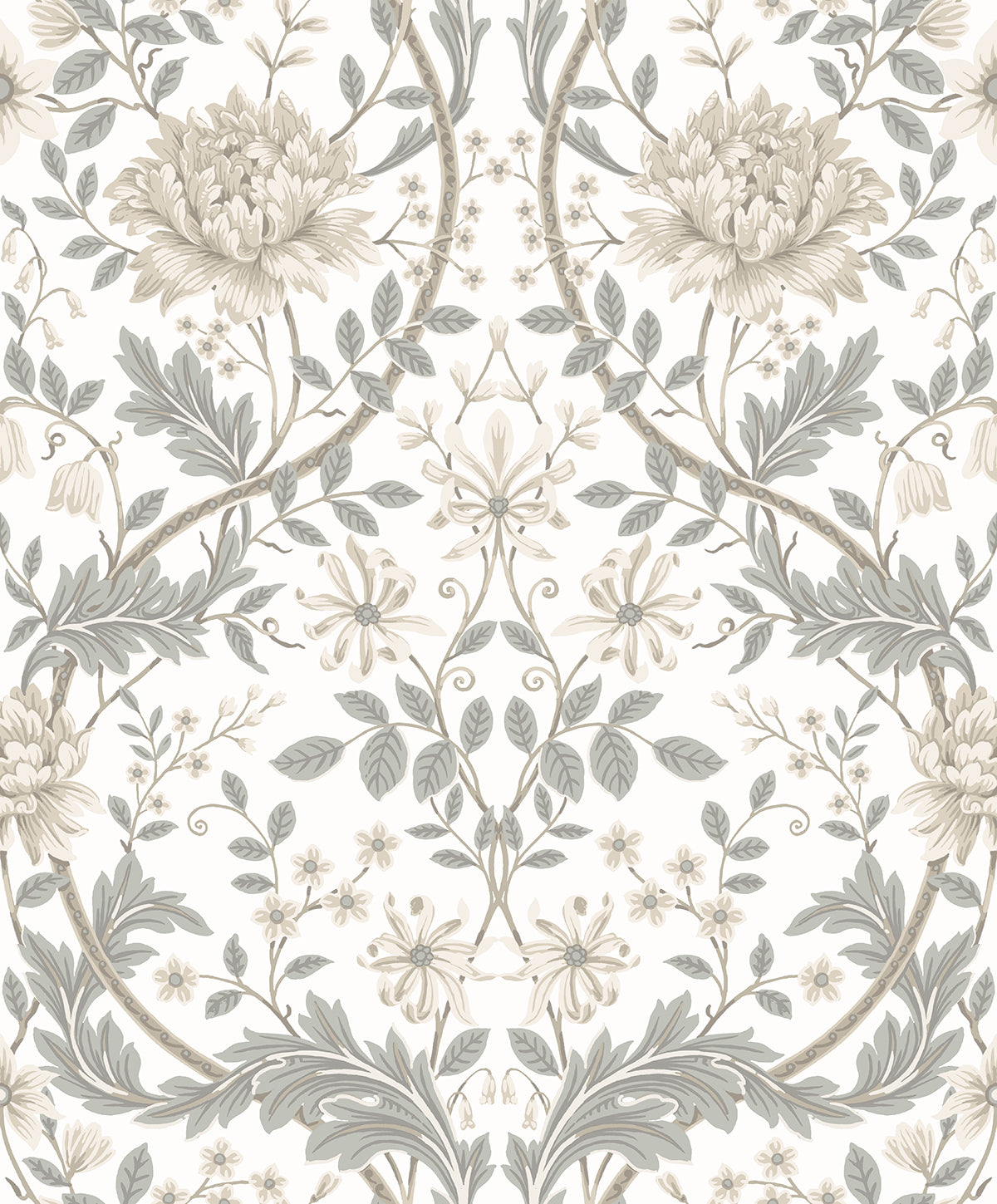 Ivory and grey vintage floral honeysuckle wallpaper pattern with matte finish