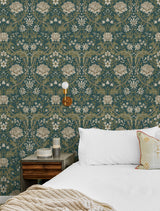 Honeysuckle Floral Teal & Moss Green by Etten Prepasted Wallcoverings Vintage Floral Wallpaper – Etten Studios EP10004