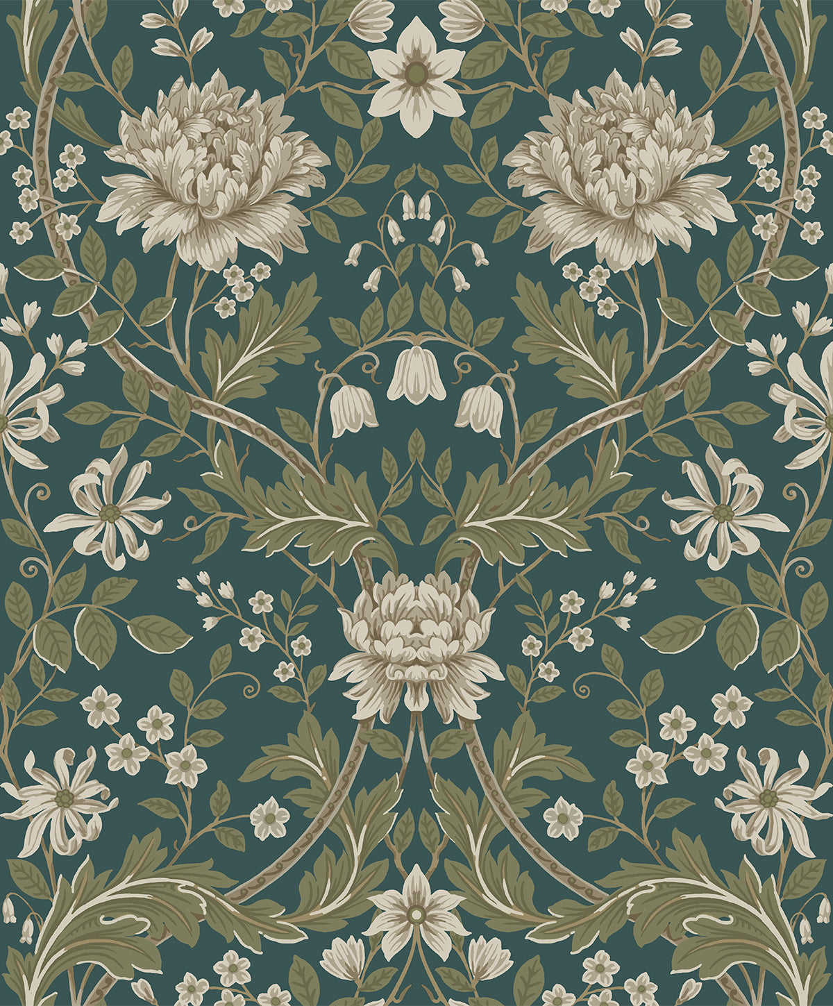 Vintage honeysuckle floral wallpaper in teal and moss green with cream blossoms