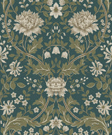 Vintage honeysuckle floral wallpaper in teal and moss green with cream blossoms