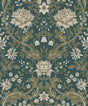 Vintage honeysuckle floral wallpaper in teal and moss green with cream blossoms