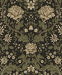 Honeysuckle Floral wallpaper pattern in brown and sage with vintage-style botanical flowers and scrolling vines on a dark ground