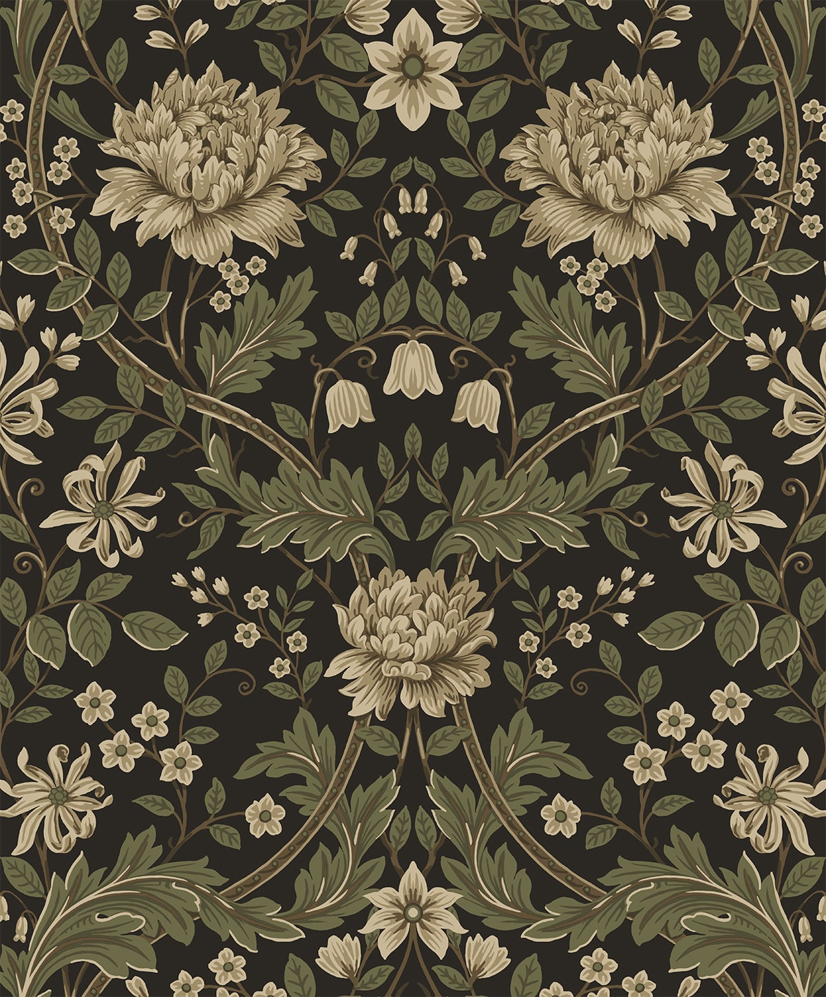 Honeysuckle Floral Brown & Sage by Etten Prepasted Wallcoverings Prepasted Vintage Floral Wallpaper – Etten Studios EP10006 -Sample