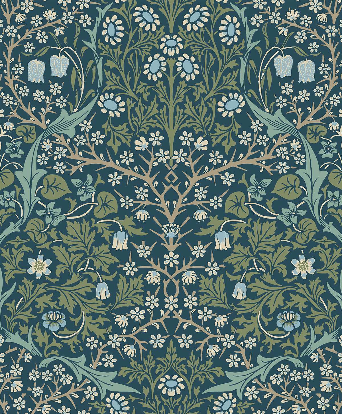 Victorian-inspired floral wallpaper in Prussian blue and moss green with matte finish
