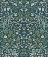Victorian-inspired floral wallpaper in Prussian blue and moss green with matte finish