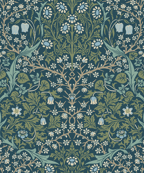 Victorian-inspired floral wallpaper in Prussian blue and moss green with matte finish