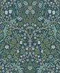 Victorian-inspired floral wallpaper in Prussian blue and moss green with matte finish