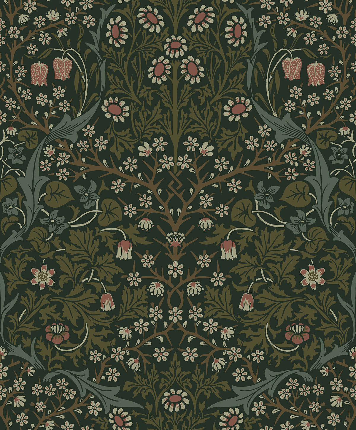 Victorian Garden Floral wallpaper in Greenery with vintage botanical flowers, matte finish