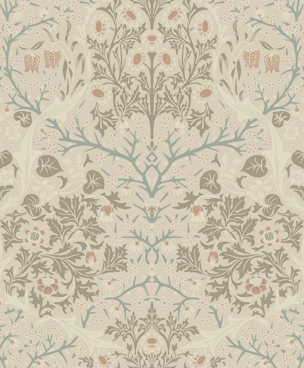 Victorian Garden Floral wallpaper in Lunar Rock & Clay with a vintage floral, scrolling botanical motif in soft beige, clay, and muted green tones.