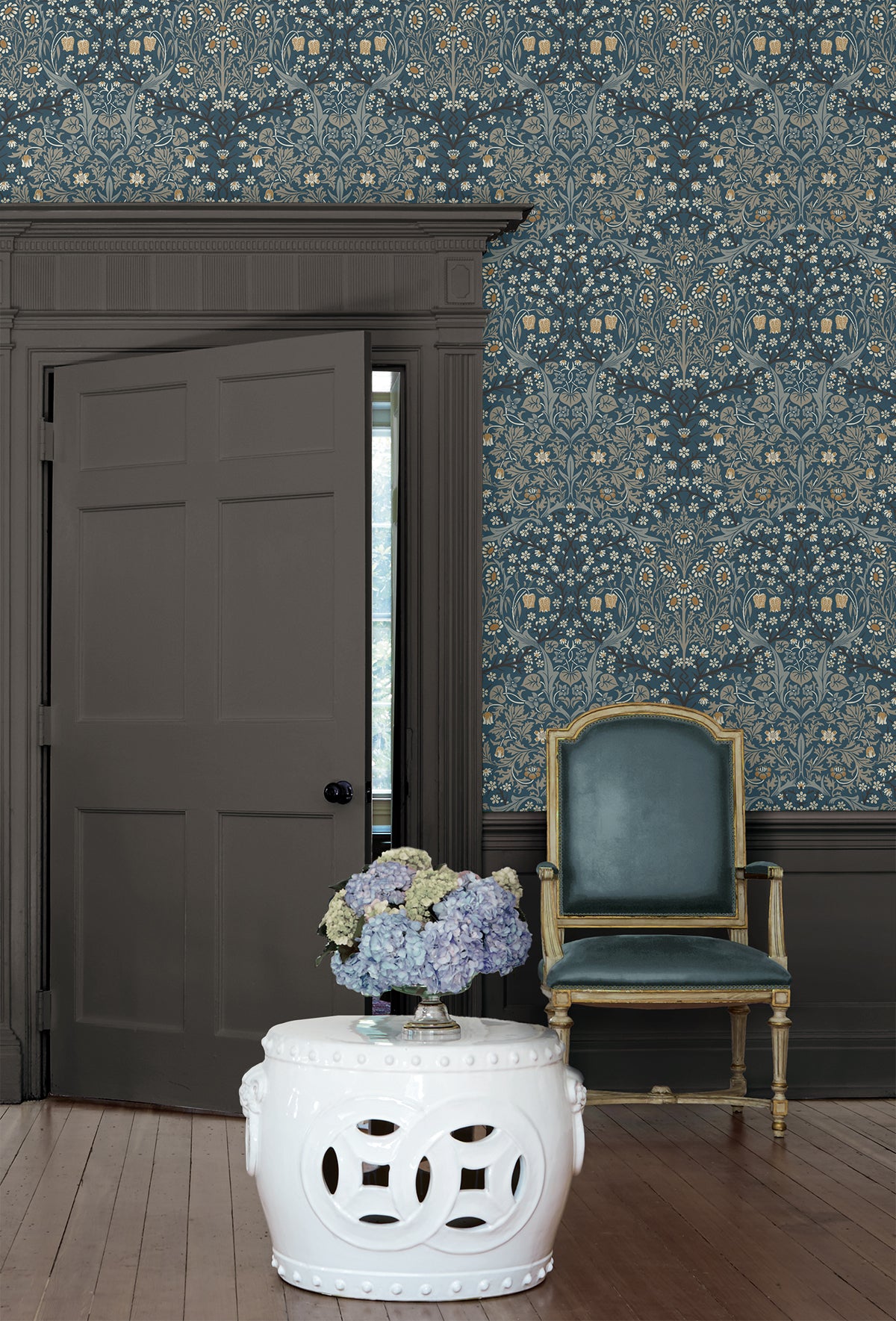 Victorian Garden Floral Aegean Blue & Warm Stone by Etten Prepasted Wallcoverings Prepasted Vintage Floral Wallpaper – Etten Studios EP10112