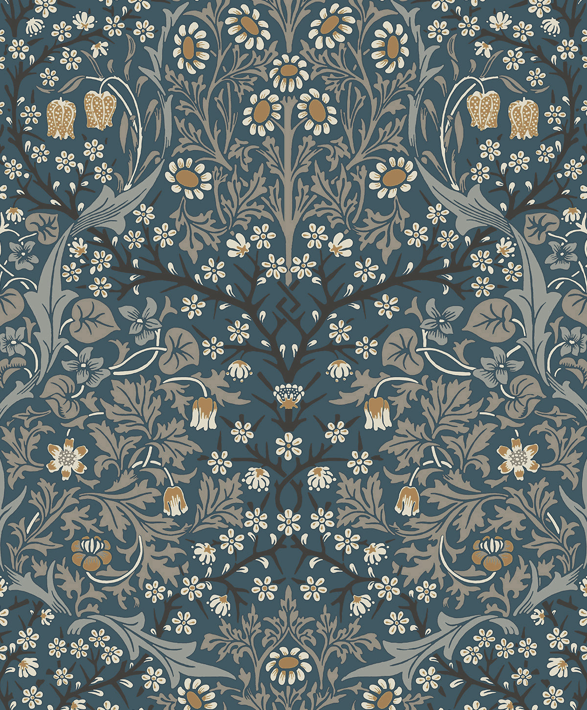 Victorian Garden Floral wallpaper in Aegean Blue & Warm Stone colorway (matte finish)