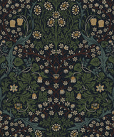 Victorian Garden Floral wallpaper in midnight blue and evergreen with vintage botanical flowers
