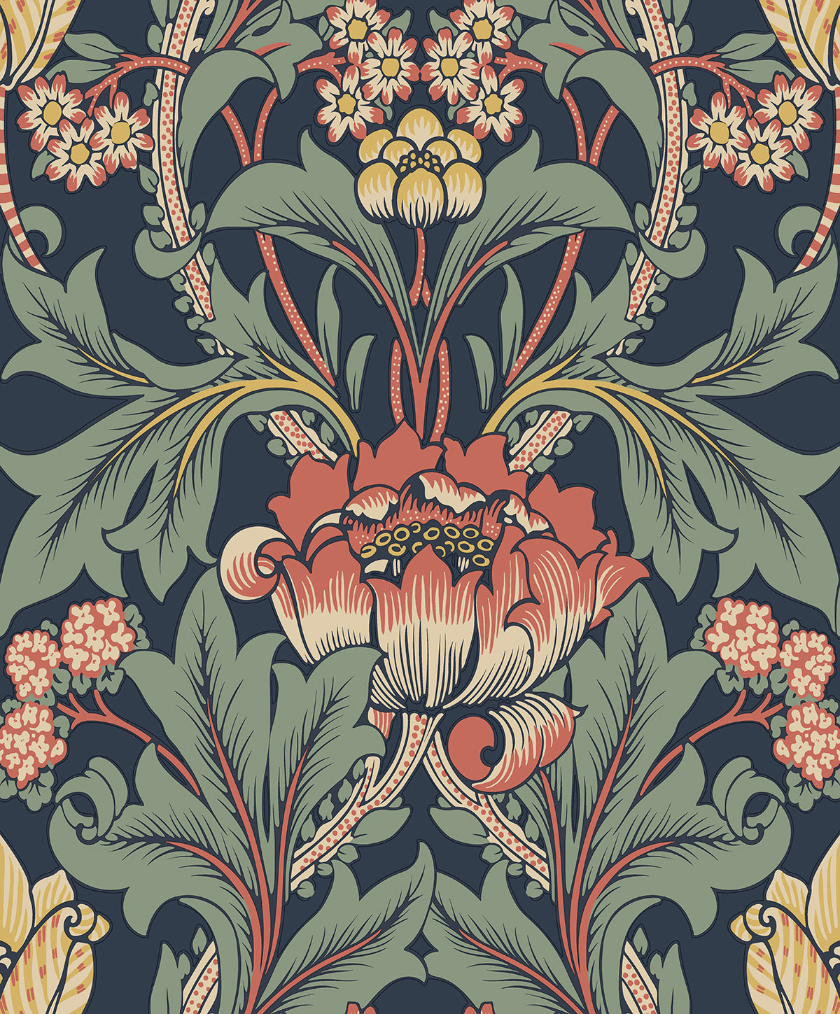Primrose Garden floral wallpaper in denim blue with auburn and cream blooms, vintage botanical pattern.