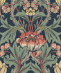 Primrose Garden floral wallpaper in denim blue with auburn and cream blooms, vintage botanical pattern.
