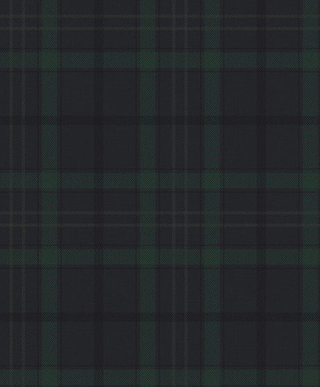 Dark blue and evergreen tartan plaid prepasted wallpaper pattern.