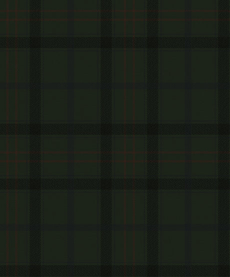 Dark green plaid wallpaper with subtle navy and thin red accent lines in a classic tartan check pattern.