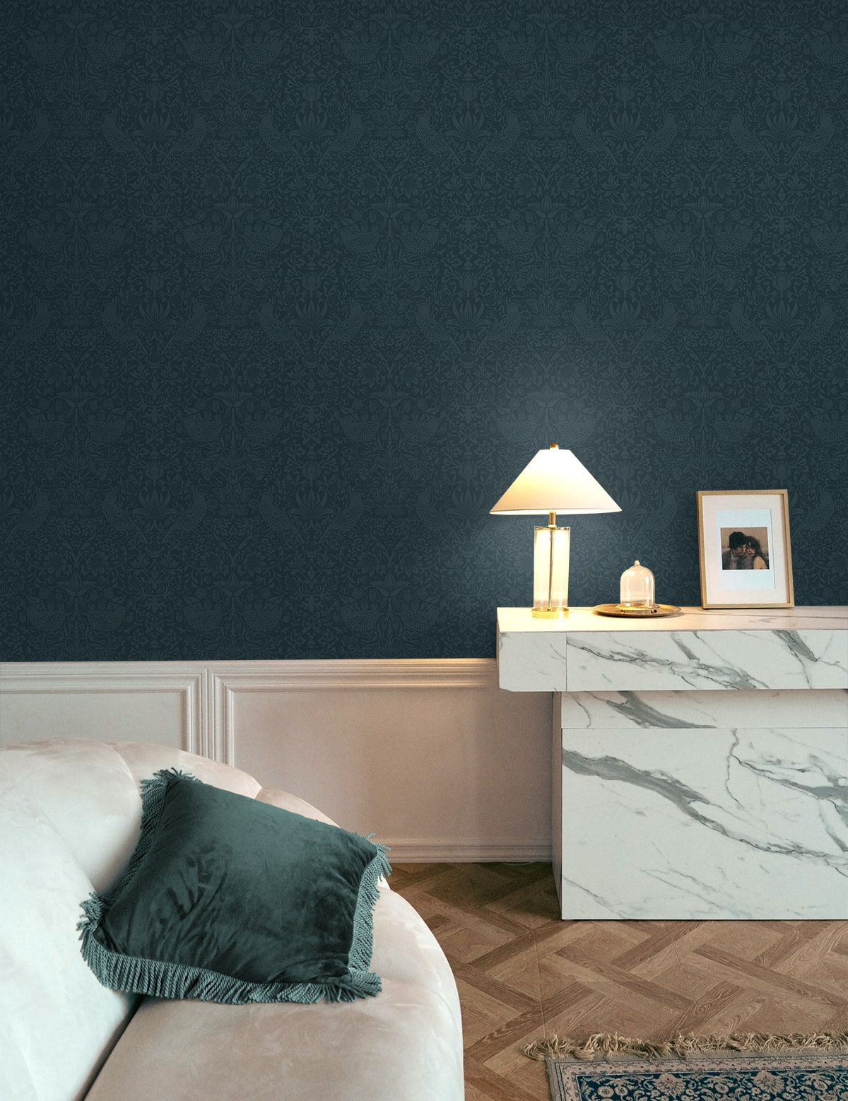 Tonal Bird Garden Slate Blue by Etten Prepasted Wallcoverings Vintage Botanical Wallpaper – Etten Studios EP10402